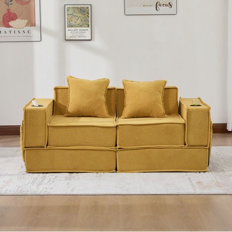 Canapé-lit 2 places en chenille jaune moutarde avec 2 coussins, 162 x 78 x 66 cm (1/5)