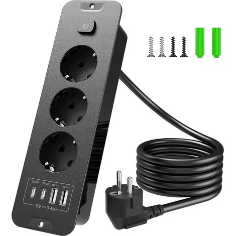 1 Multiprise Encastrable, 3 Prises, 2 USB-C PD 20W, 2 USB-A, Interrupteur, Câble 2m, Pour Cuisine Et Bureau (1/5)