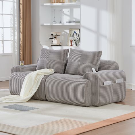 Divano modulare 2 posti 200x99x80 cm in corduroy grigio chiaro con cupholder, per soggiorno (1/5)