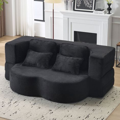 Ampio divano moderno nero da pavimento con 4 cuscini decorativi, comodo divano in flanella, materasso pieghevole in schiuma ad alta densità, adatto per soggiorno, camera degli ospiti, camera da letto, (1/5)