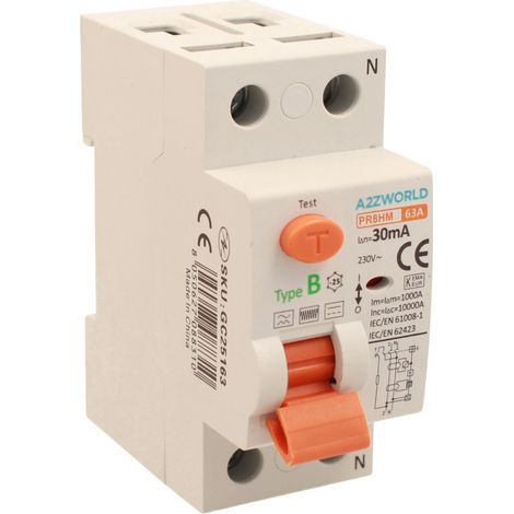 RCCB Interruttore Differenziale Puro Tipo B 1P+N 2M 10000A 30mA AC 230V IP20 IEC61008-1 / IEC62423 PR8HM, Corrente Disponibili 25A 40A 63A 100A (63A)