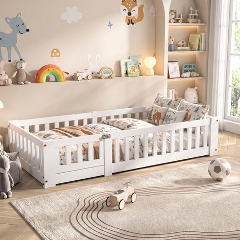 Superaly - Lit simple enfant 90x200cm - avec barrière de sécurité - Cadre en pin massif - Sommier à lattes - Lit au sol Montessori - Style minimaliste - Blanc - Matelas non inclus (1/5)
