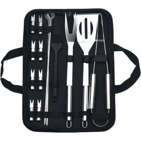 Ensemble de 16 couverts pour barbecue - Accessoires de grillade en acier inoxydable - Spatule, pinces, brochettes, brosse - Argent (1/5)