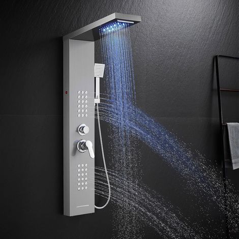 LED Shower Column with Mixer, 5 Modes: Rain and Waterfall, Body Massage Jets, Bath Shower Head and Spout, Brushed Stainless Steel Shower Panel (1/5)