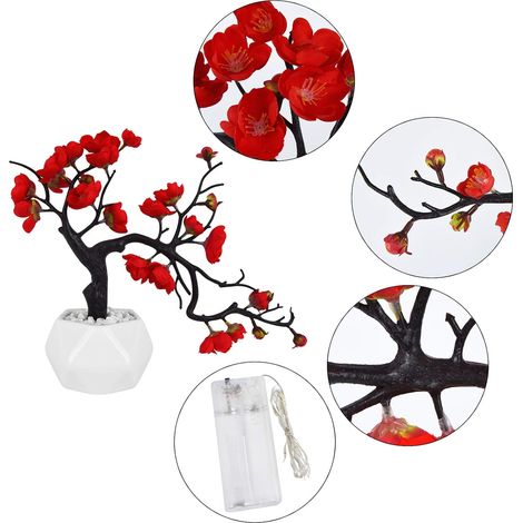 Fleur de prunier artificielle en soie, 1 paquet, fleur simulée avec vase en céramique, fausse plante en pot pour la décoration de la maison, du bureau, du salon, des fêtes et du jardin (rouge) (1/5)