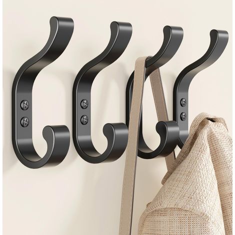 Crochets muraux pour manteaux, crochets robustes pour sacs à dos, peuvent supporter jusqu'à 13,6 kg, grands crochets pour serviettes, sacs, noirs, lot de quatre.
