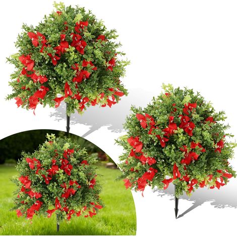 Plantes topiaires artificielles réalistes – Lot de 2 boules d’arbustes de buis avec fleurs rouges en soie - balcon, jardin – Rougeâtre pâle (1/5)