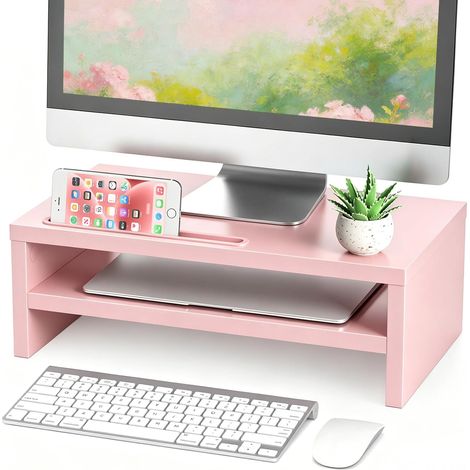Support de Moniteur, Réhausseur d'écran 2 Couches, Noir Elevateur Ecran PC, Support d'Écran d'Ordinateur pour le bureau, la maison, 42,5x23,5x14cm Rose (1/5)