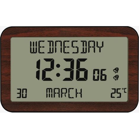 Horloge Réveil Numérique Murale Radiopilotée - Calendrier Date Jour et Heure - Grands Chiffres - 6 Langues - 2 Alarmes - Température Ambiante - Murale ou sur Pied
