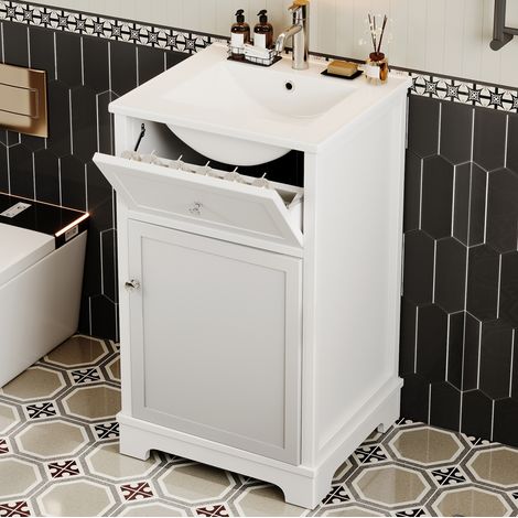 Meuble lave-mains MDF et céramique blanc 51x46x87 cm avec vasque intégrée et rangements (1/5)