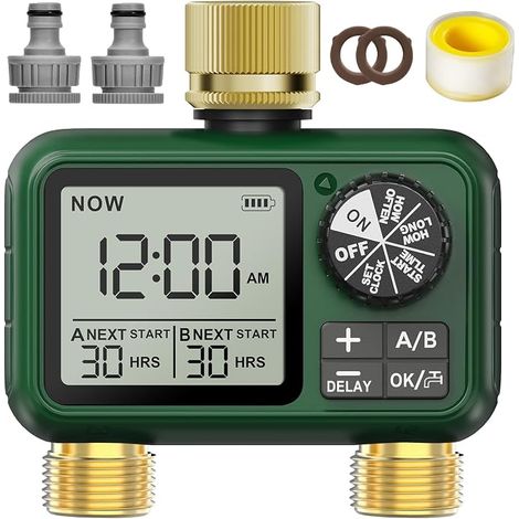 Temporizador de riego bidireccional con entrada y salida de latón, pantalla LCD grande, riego automático de jardín, riego programable, fácil de usar, retardo por lluvia, riego manual. (1/5)
