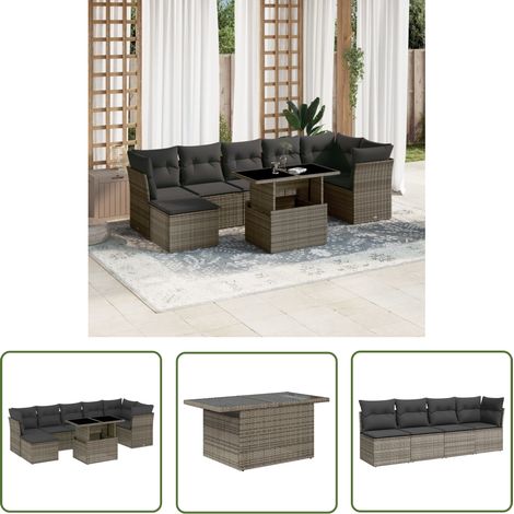 The Living Store Salon de jardin 8 pcs avec coussins gris résine tressée - Salon De Jardin - Meubles De Jardin - Set Salon Extérieur - Canapé D'extérieur - Table Basse Extensible (1/5)