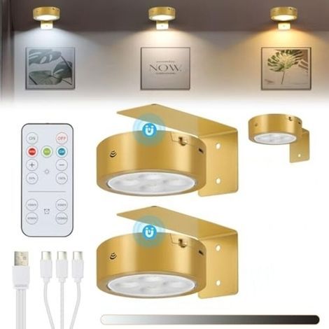 Set of 3 wireless LED picture lights, USB rechargeable, gold lighting for photo frames with remote control, 3 color temperatures, dimmable dart light, magnetic (1/4)