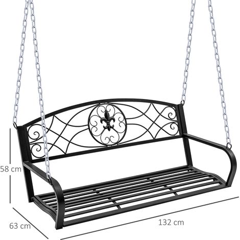 Balançoire Hollywood résistante à l'eau, Balançoire de jardin 2 places, Banc suspendu avec chaînes, Métal, Noir, 132 x 63 x 58 cm, Pour jardin & terrasse (1/5)