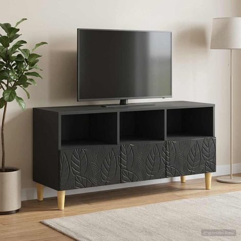 Meuble TV 3 tiroirs en bois d’ingénierie noir, pieds en eucalyptus, 102 x 34,5 x 50 cm - PANGIVO (1/5)