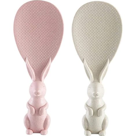 2 cuillères à riz antiadhésives en forme de lapin, design 3D vertical, manche épaissi, matière blé + PP alimentaire, pour cuiseur à riz (1/5)