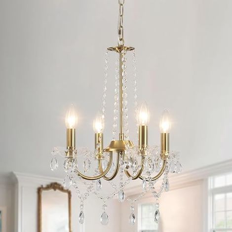Lustre Cristal, 4 Lumières Lustre Suspension Luminaire Chambre Salon Salle à manger Cuisine, Plafonnier Couloir, Salle a Manger, E14 (1/5)