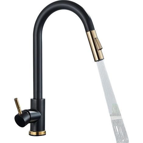 Robinet de cuisine pivotant à 360° avec douchette extractible, noir mat, eau chaude et froide, 2 modes (eau bouillante et jet), flexible extensible de 30 cm, hauteur 405 mm