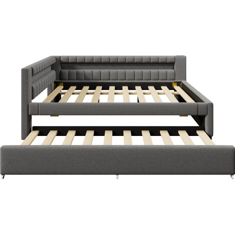 Divano letto 140 x 200 cm grigio in lino con letto estraibile, LED, USB e Type-C, HOMVRA (1/5)