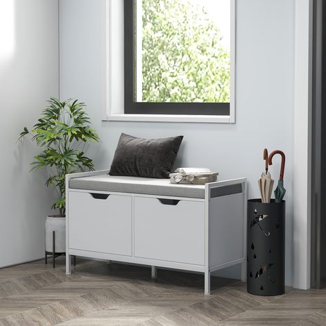 Banc meuble à chaussures. 2 placards. meuble d'entrée avec coussin rembourrée. 84l x 35P x 50H cm. blanc (1/5)
