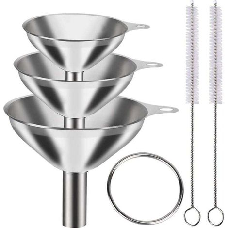 Set of 6 stainless steel metal funnels, large and small, set of 3, mini food-grade funnels for cooking, bottle filling, 2 brushes (1/5)