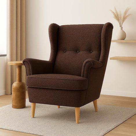 Ohrensessel BOUCLE braun auf Buche FüSSen Glamour Stil Relaxsessel Fernsehsessel Boucle Stoff Gewebe modernes Design (1/5)