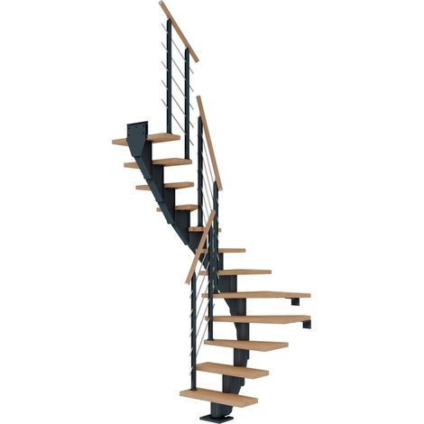 Dolle Mittelholmtreppe Frankfurt 1/2 gewendelt Eiche weiß, geölt 65 cm breit für GH 259 – 301 cm UK Metall Anthrazit mit Geländer