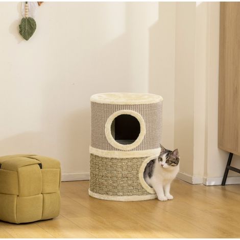 Barril rascador para gato 49 cm, Ø35,5 cm, 2 cuevas, con borde de felpa, caqui DESVIAE (1/5)