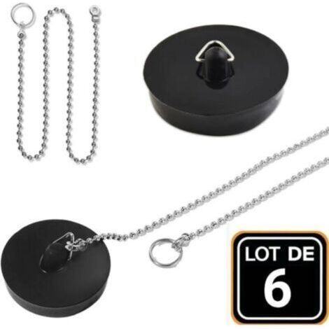 Pair Lot de 2 bouchons de vidange en caoutchouc avec chaîne de blocage de 10 cm - Pour baignoire, cuisine, salle de bain - 45 mm - Noir