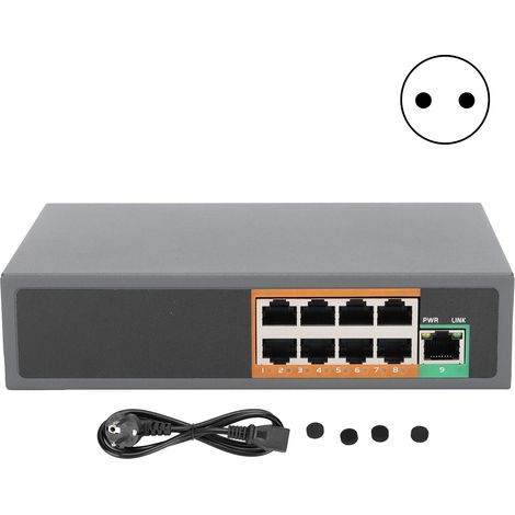 9-Port Gigabit PoE-Switch für IP-Kameras, Videoüberwachungssysteme, 100–240-V-Netzteil, EU-Stecker