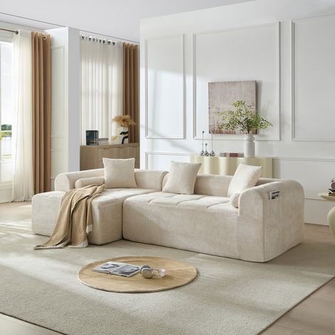 Sofá rinconera de chenilla beige de 263 cm con bolsillo lateral HAVRYA (1/5)