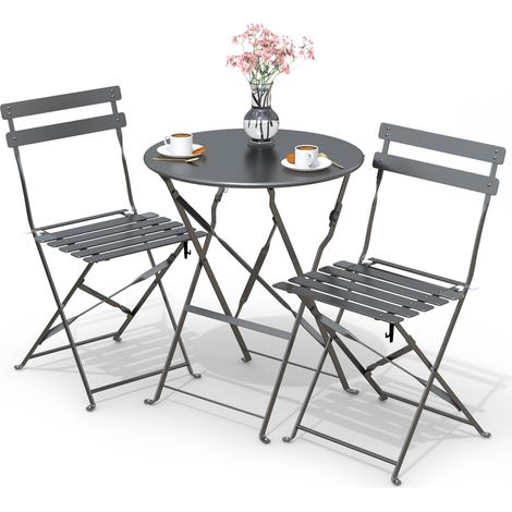 Vounot – Ensemble bistro extérieur 3 pièces – 1 table 70x60cm et 2 chaises pliantes – Acier résistant aux UV – Pour balcon et terrasse
