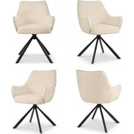 Bon Furni Terciopelo Silla de comedor Blanco Marfil, Set de 4, giratoria 360°, ergonómica con cojín de muelles, cremallera oculta y patas ajustables