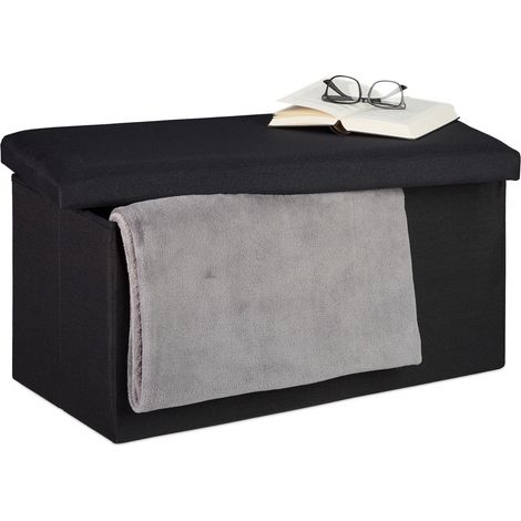 Relaxdays Sitzbank mit Stauraum, Leinen-Optik, gepolstert, Flur, Schlafzimmer, Truhenbank, HBT: 38x76,5x38,5 cm, schwarz