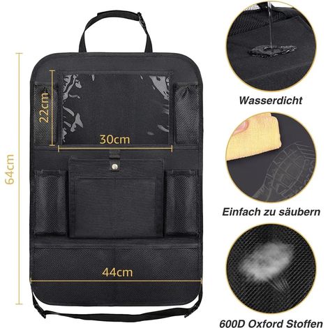 Protector de respaldo de asiento de coche para niños con bolsa para iPad/tableta de 12 pulgadas, bolsa de almacenamiento para asiento trasero de coche de tela impermeable Negro (1/5)
