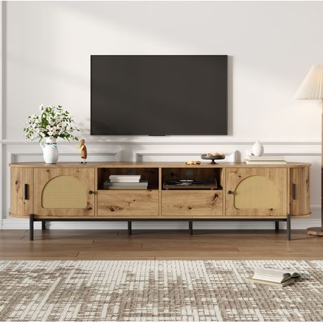 TV-Schrank 200 x 40 x 49,5 cm mit Rattan-Türen, Schubladen und Kabeldurchlässen, Natur HAVRYA (1/5)