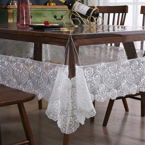 Nappe en plastique transparent, imperméable - Rectangulaire en vinyle avec dentelle brodée - Couverture de table pour salle à manger, cuisine, buffet, banquet, fêtes, 152 x 218 cm, Blanche (1/5)