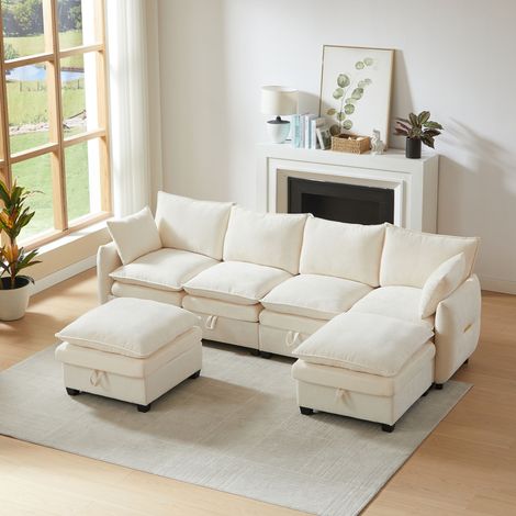 Canapé d'angle en chenille canapé modulable U/L, rangement intégré, 4 modules et 2 poufs, style moderne, 281x147x89 cm, beige