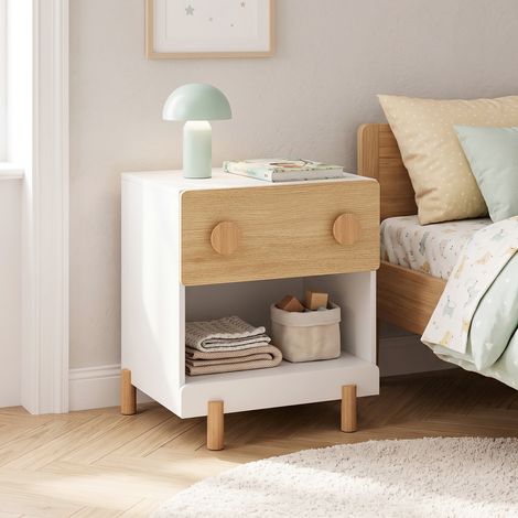 Comodino per Cameretta Vaarentaa con Cassetto e Scomparto Aperto 47x40x35 cm - Bianco/Effetto Rovere [en.casa] (1/5)
