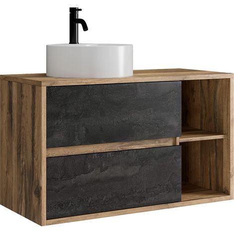 Mobile bagno sospeso con lavabo rorotondo e rubinetto Naturale e antracite 100 cm - TIKITIKI (1/5)