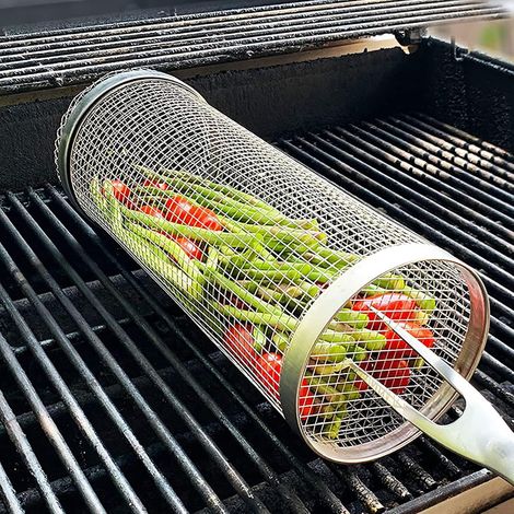 Panier à griller roulant pour barbecue, panier cylindrique en treillis métallique d'acier inoxydable, poêle de cuisson portable pour légumes en camping (1/5)