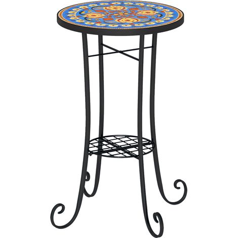 Outsunny Mosaic Garden Table, 35.5 cm Round Outdoor Table with Shelf, Ceramic Tile Top, Small Garden Side Table Bistro Table End Table Plant Stand for Indoor, Patio, Balcony, Blue