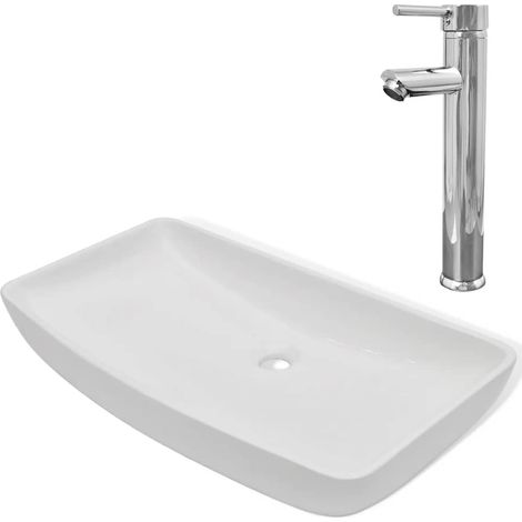 Lavabo rettangolare in ceramica e miscelatore 71 x 38 cm bianco 020002839