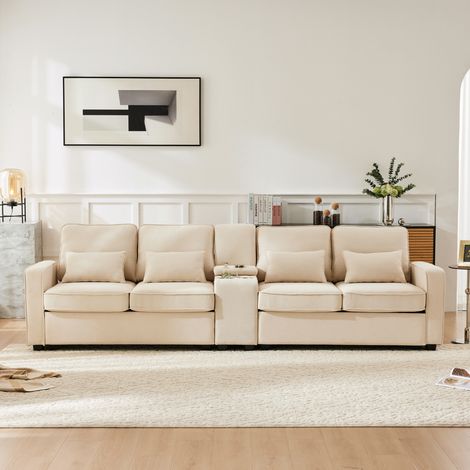 Canapé 4 places 290x83x88 cm beige en lin avec console, 2 porte-gobelets, USB et rangement (1/5)