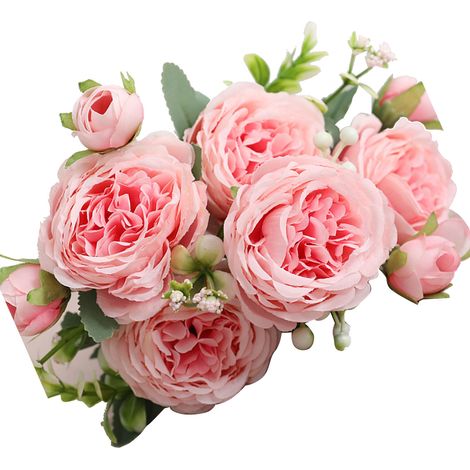 3 bouquets de 5 roses persanes artificielles, rose clair, pour mariage, mariage, salon ou décoration intérieure. (1/5)