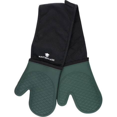 MasterClass Guanti da forno in silicone, guanti resistenti al calore con imbottitura in cotone, antiscivolo doppio lato guanti da cucina e da forno, senza BPA, nero/verde scuro