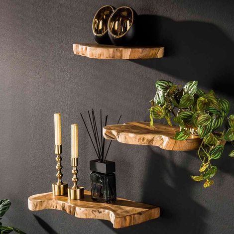 M&S – Lot de 3 étagères murales en teck naturel – Dimensions 55x25x4 cm, 45x25x4 cm, 25x25x4 cm – Charge maximale 5 kg – Livré monté