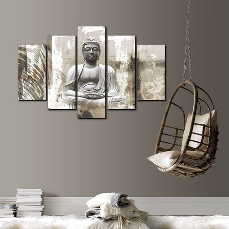 Set de 5 toiles imprimées Bouddha 150 x 100cm Blanc, Gris (1/3)
