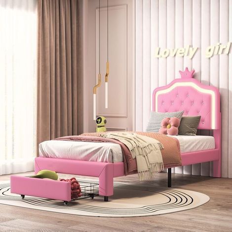 Bett Kinder 90x200 cm Crown mit dimmbaren LEDs, integrierten Schubladen und Lattenrost - rosa