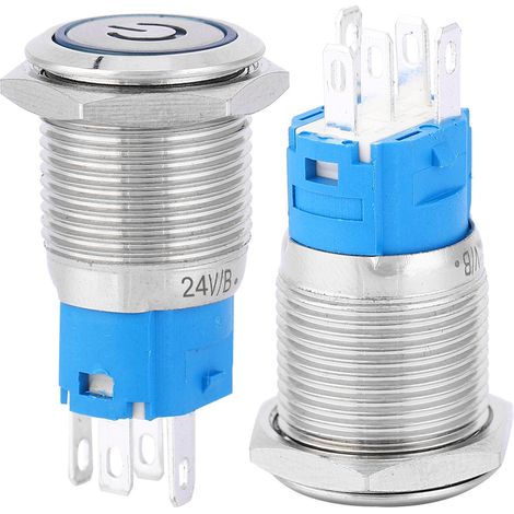 Bouton poussoir acier inoxydable LED bleue tête ronde plate auto-réarmement anneau symbole alimentation perçage 16 mm 24 V (1/5)